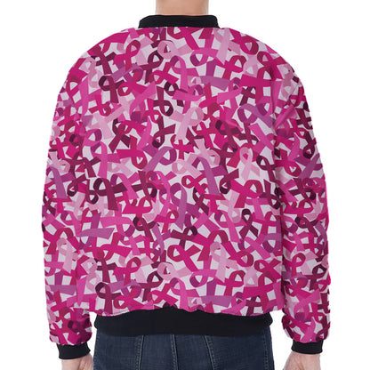 Breast Cancer Awareness Symbol Print Zip Sleeve Bomber Jacket