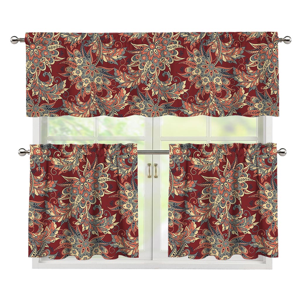 Brick Floral Bohemian Pattern Print 3 Piece Kitchen Curtains