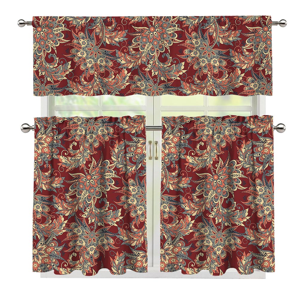 Brick Floral Bohemian Pattern Print 3 Piece Kitchen Curtains