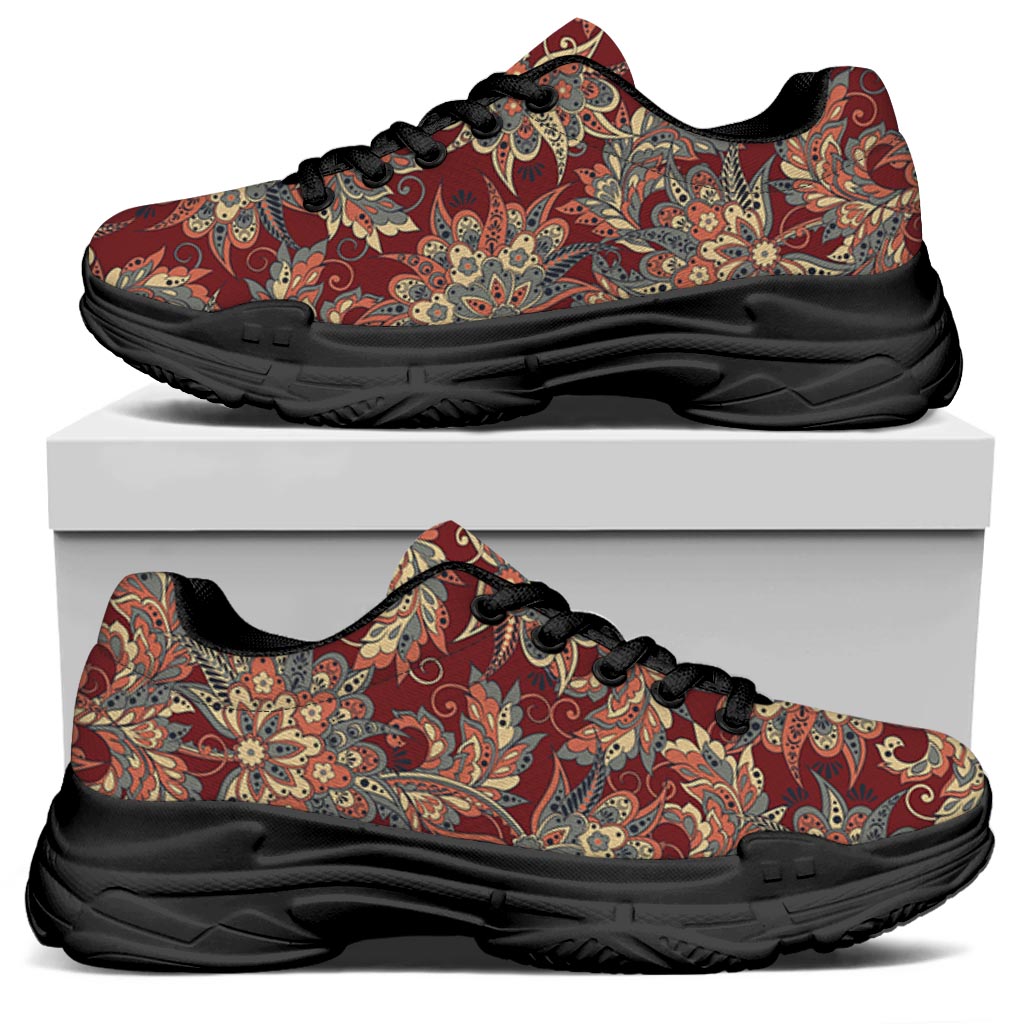 Brick Floral Bohemian Pattern Print Black Chunky Shoes