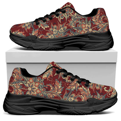 Brick Floral Bohemian Pattern Print Black Chunky Shoes