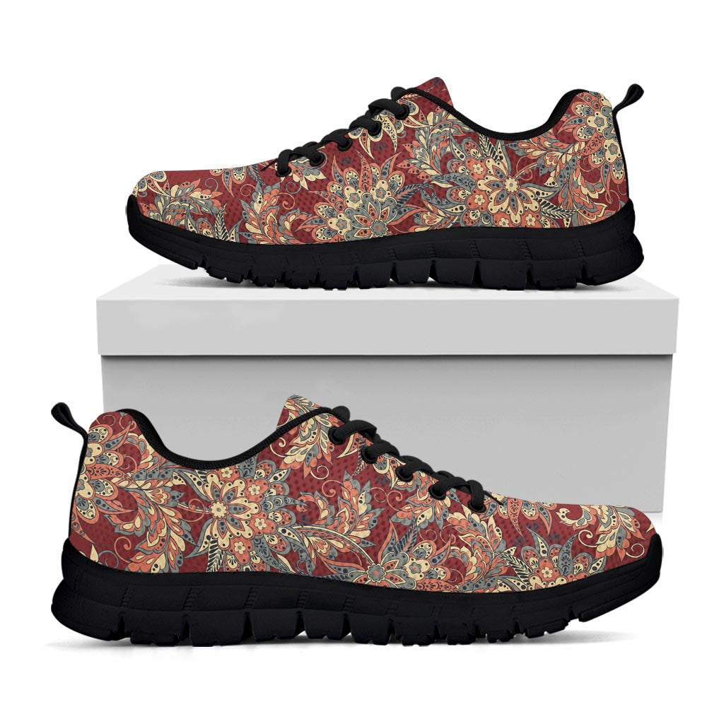 Brick Floral Bohemian Pattern Print Black Running Shoes