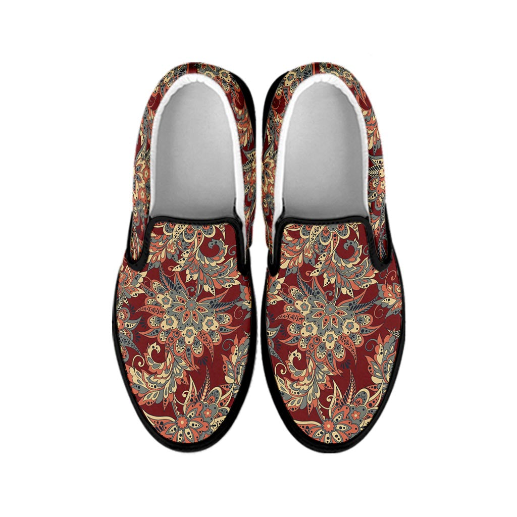Brick Floral Bohemian Pattern Print Black Slip On Sneakers
