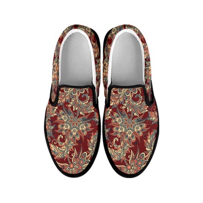 Brick Floral Bohemian Pattern Print Black Slip On Sneakers
