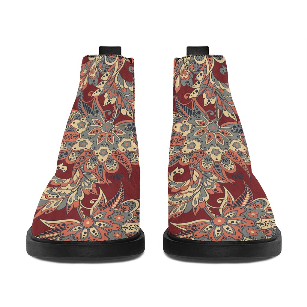 Brick Floral Bohemian Pattern Print Flat Ankle Boots