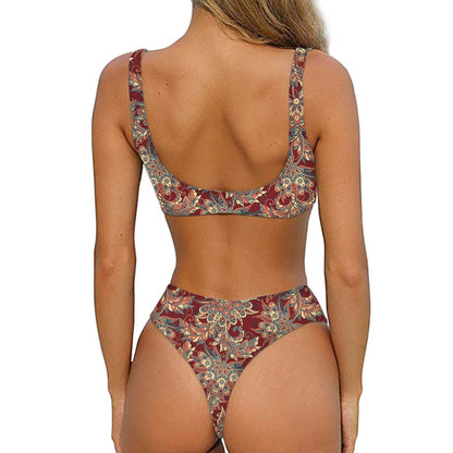 Brick Floral Bohemian Pattern Print Front Bow Tie Bikini