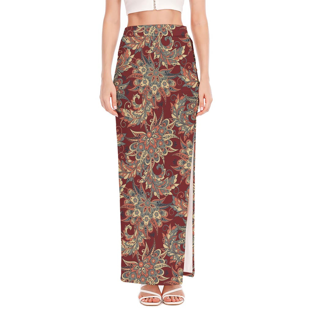 Brick Floral Bohemian Pattern Print High Slit Maxi Skirt