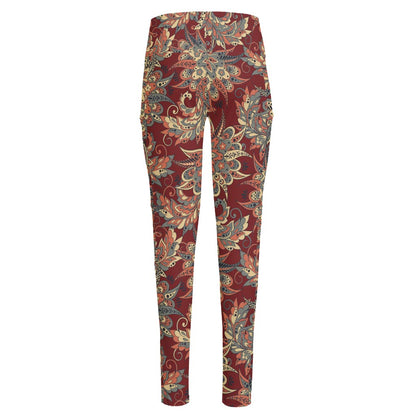 Brick Floral Bohemian Pattern Print High-Waisted Pocket Leggings