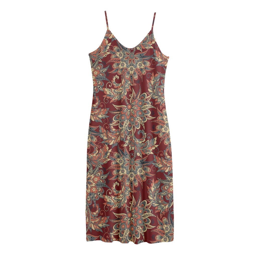 Brick Floral Bohemian Pattern Print Jersey Midi Cami Dress
