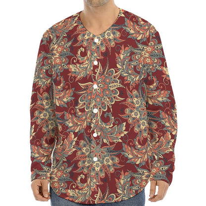 Brick Floral Bohemian Pattern Print Long Sleeve Baseball Jersey