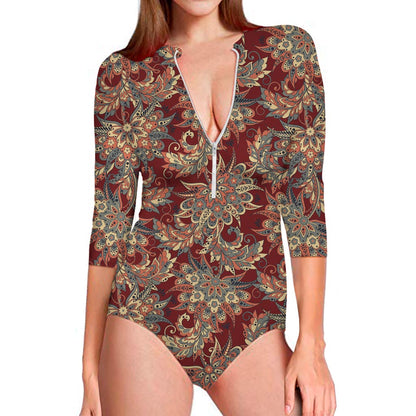 Brick Floral Bohemian Pattern Print Long Sleeve Swimsuit
