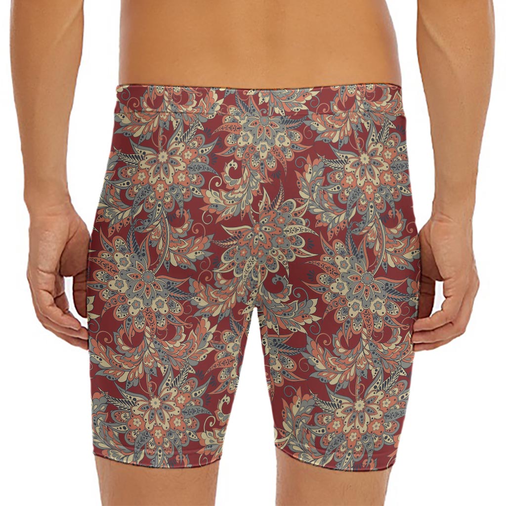 Brick Floral Bohemian Pattern Print Men's Long Boxer Briefs