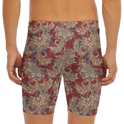 Brick Floral Bohemian Pattern Print Men's Long Boxer Briefs