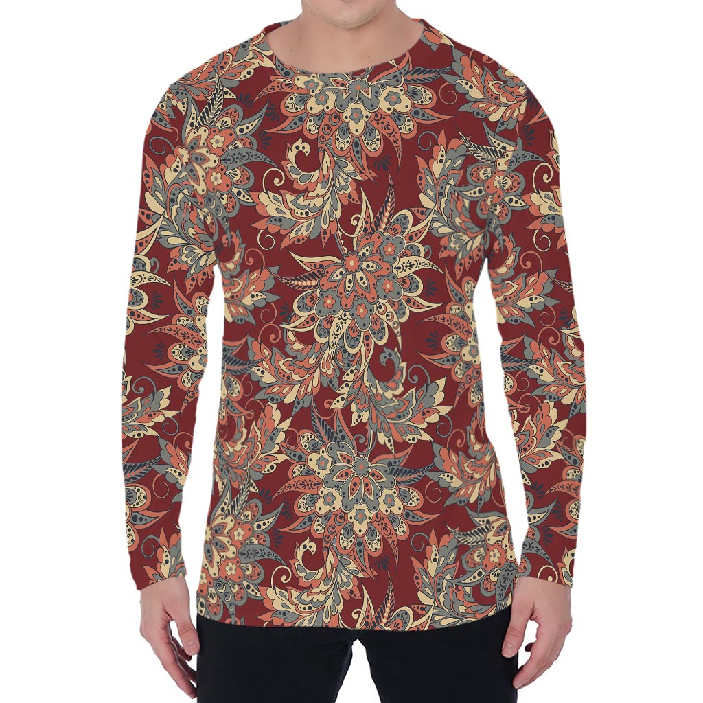 Brick Floral Bohemian Pattern Print Men's Long Sleeve T-Shirt