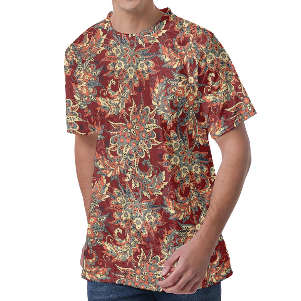 Brick Floral Bohemian Pattern Print Men's Velvet T-Shirt