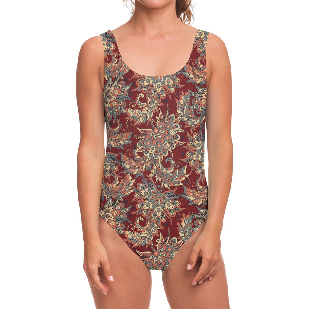 Brick Floral Bohemian Pattern Print One Piece Swimsuit