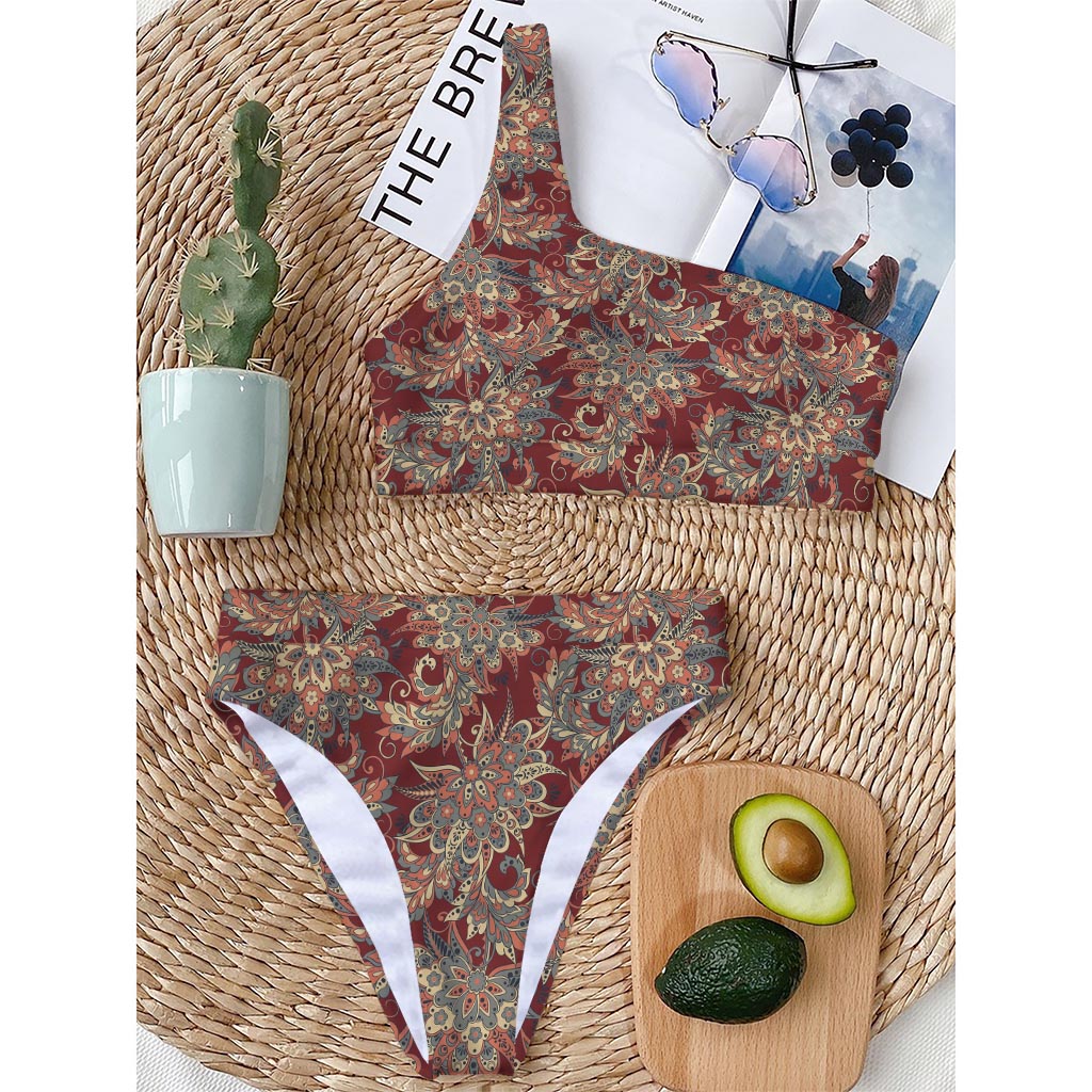 Brick Floral Bohemian Pattern Print One Shoulder Bikini Top