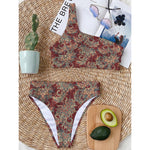 Brick Floral Bohemian Pattern Print One Shoulder Bikini Top