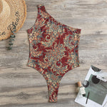 Brick Floral Bohemian Pattern Print One Shoulder Bodysuit
