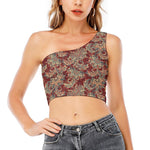 Brick Floral Bohemian Pattern Print One Shoulder Crop Top