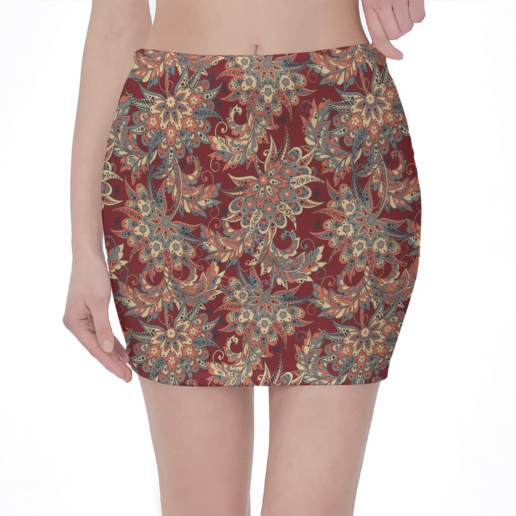 Brick Floral Bohemian Pattern Print Pencil Mini Skirt