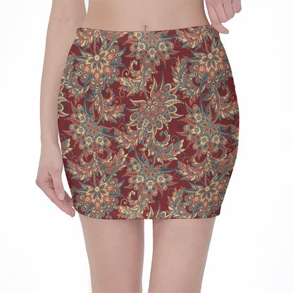 Brick Floral Bohemian Pattern Print Pencil Mini Skirt