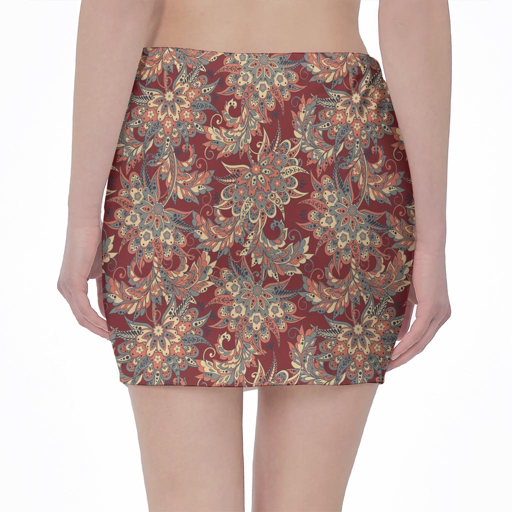 Brick Floral Bohemian Pattern Print Pencil Mini Skirt