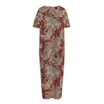 Brick Floral Bohemian Pattern Print Short Sleeve Long Nightdress