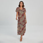 Brick Floral Bohemian Pattern Print Short Sleeve Maxi Dress