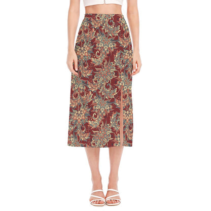 Brick Floral Bohemian Pattern Print Side Slit Midi Skirt