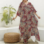 Brick Floral Bohemian Pattern Print Silk V-Neck Kaftan Dress