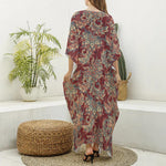 Brick Floral Bohemian Pattern Print Silk V-Neck Kaftan Dress