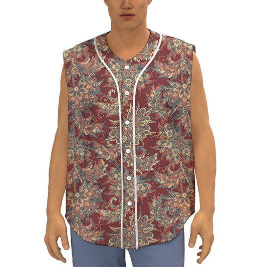 Brick Floral Bohemian Pattern Print Sleeveless Baseball Jersey