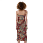 Brick Floral Bohemian Pattern Print Slim Fit Midi Cami Dress