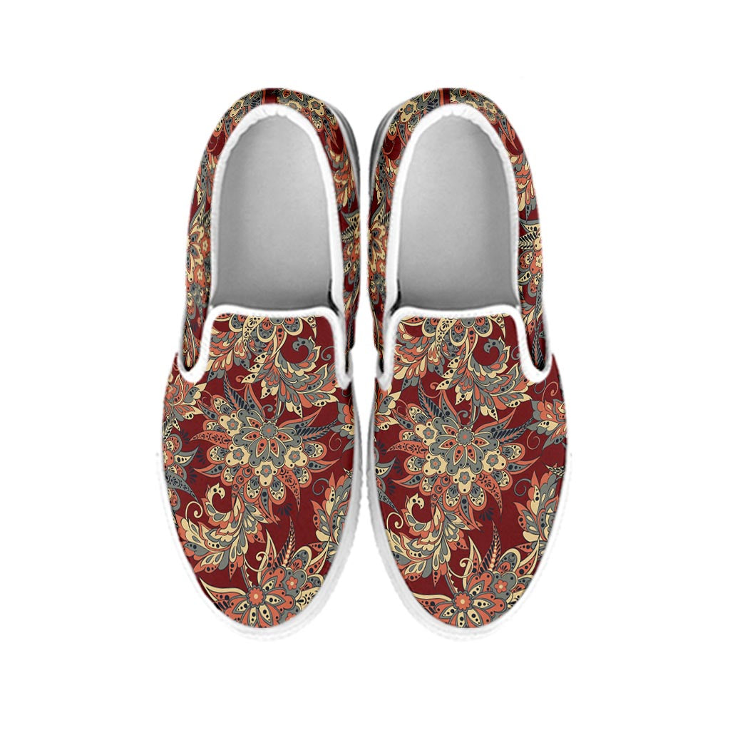 Brick Floral Bohemian Pattern Print White Slip On Sneakers
