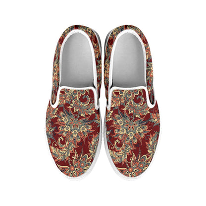 Brick Floral Bohemian Pattern Print White Slip On Sneakers