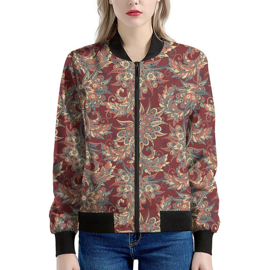 Brick Floral Bohemian Pattern Print Women's Bomber Jacket