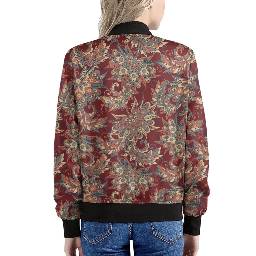 Brick Floral Bohemian Pattern Print Women's Bomber Jacket