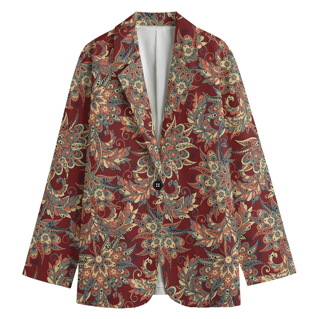 Brick Floral Bohemian Pattern Print Women's Cotton Blazer