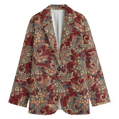 Brick Floral Bohemian Pattern Print Women's Cotton Blazer