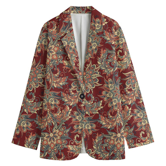 Brick Floral Bohemian Pattern Print Women's Cotton Blazer