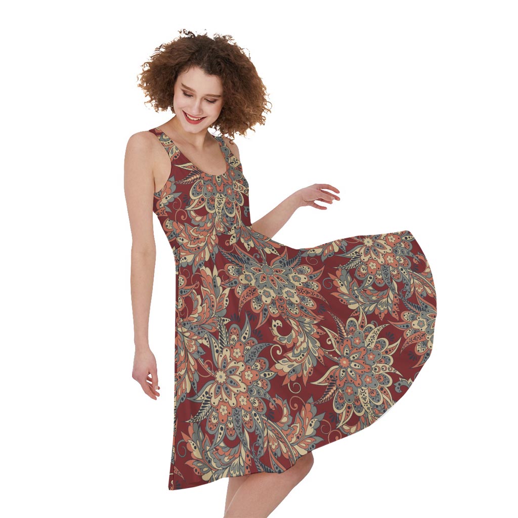 Brick Floral Bohemian Pattern Print Women's Sleeveless Dress