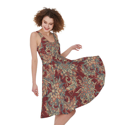 Brick Floral Bohemian Pattern Print Women's Sleeveless Dress