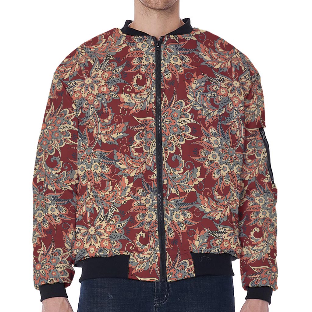 Brick Floral Bohemian Pattern Print Zip Sleeve Bomber Jacket