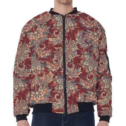 Brick Floral Bohemian Pattern Print Zip Sleeve Bomber Jacket