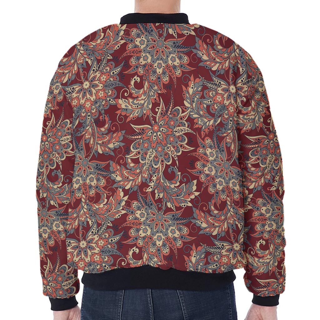 Brick Floral Bohemian Pattern Print Zip Sleeve Bomber Jacket