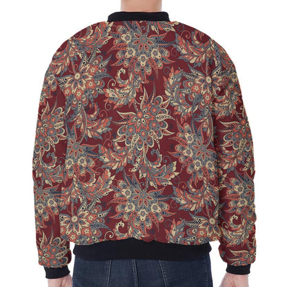 Brick Floral Bohemian Pattern Print Zip Sleeve Bomber Jacket