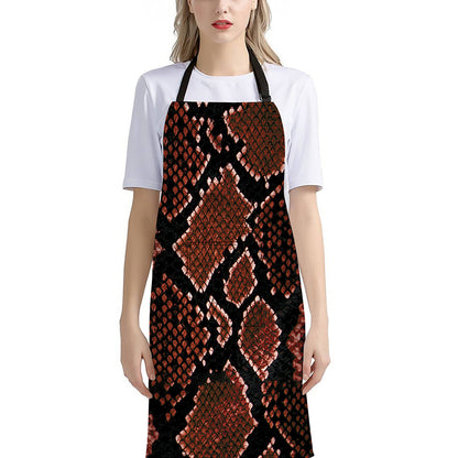 Brick Red Python Snakeskin Print Bib Apron With Pocket