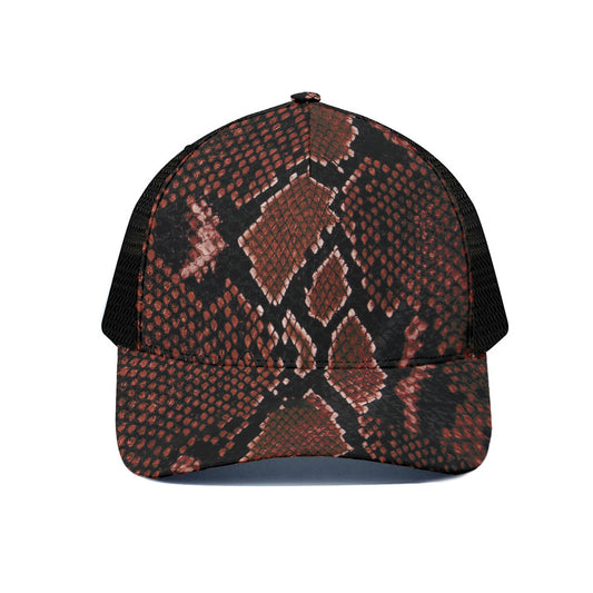Brick Red Python Snakeskin Print Black Mesh Trucker Cap