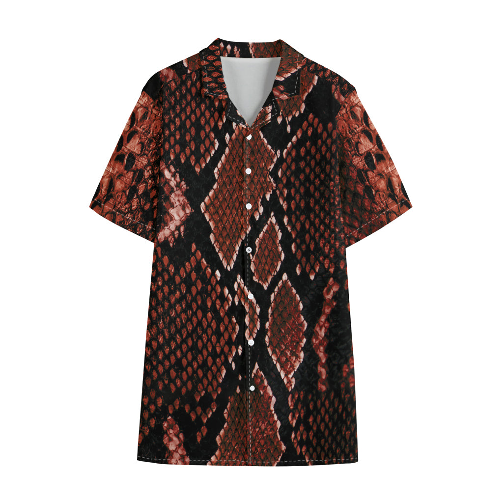 Brick Red Python Snakeskin Print Cotton Hawaiian Shirt